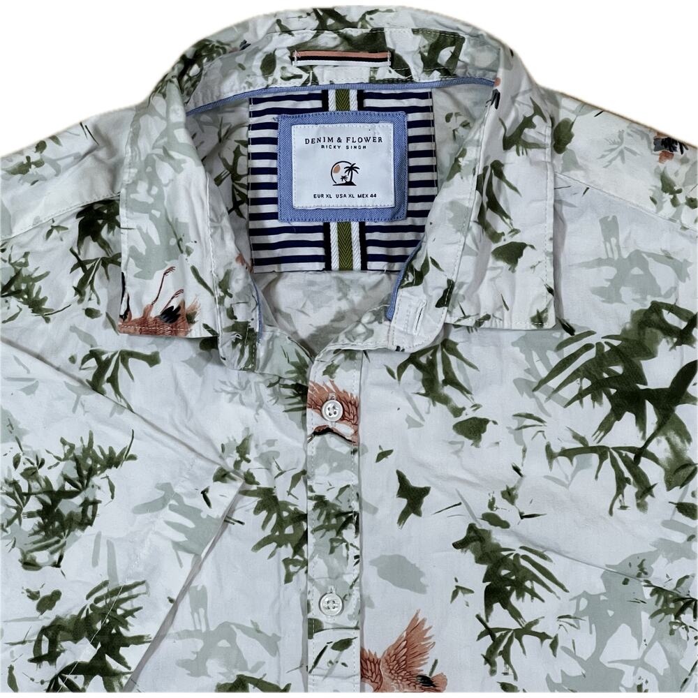 Denim & Flower Ricky Singh Green White Botanical Print Short Sleeve Men Shirt XL